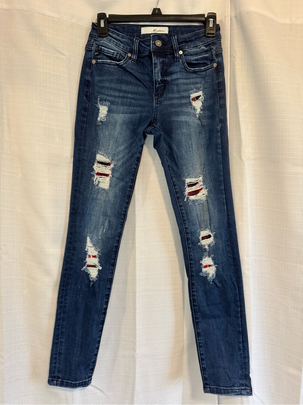 KanCan Dark Blue Distressed Skinny Jeans with Plaid Patch Accents